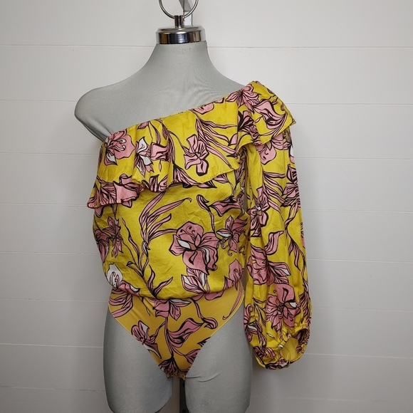 ZARA floral ruffle one shoulder bodysuit S - Picture 3 of 16